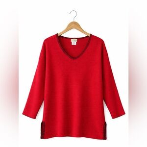 Vintage Sweater Chunky Knit Red V-Neck Cotton Sweater with Black Trim